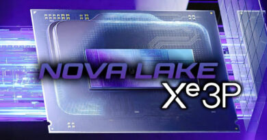 Proceso de un chip Nova Lake con núcleos Xe3P, fondo tecnológico en tonos morados y azules, diseño futurista y detallado.