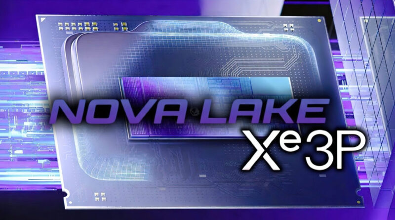 Proceso de un chip Nova Lake con núcleos Xe3P, fondo tecnológico en tonos morados y azules, diseño futurista y detallado.
