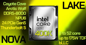 Diseño del procesador Intel Core Ultra 400K en un fondo degradado en tonos verdes y amarillos, resaltando características clave y especificaciones.