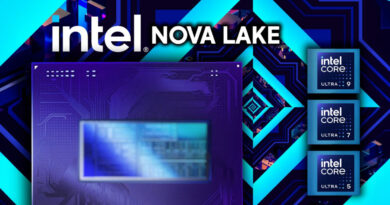 Logo de Intel en la parte superior, con un diseño de placa base en tonos azules y violetas, destacando los núcleos de los procesadores.