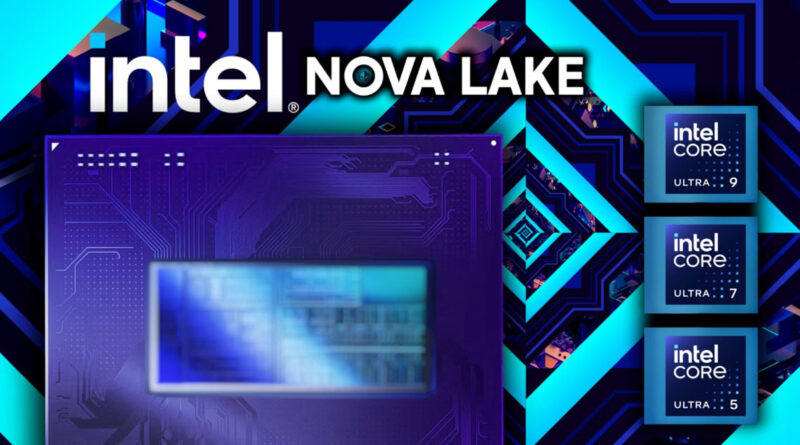 Logo de Intel en la parte superior, con un diseño de placa base en tonos azules y violetas, destacando los núcleos de los procesadores.