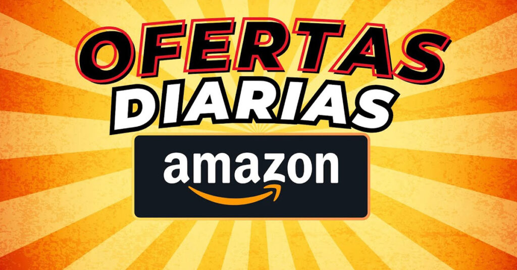 Fondo amarillo con rayas radiales, texto grande "OFERTAS DIARIAS" en rojo y negro, y el logo de Amazon en el centro.