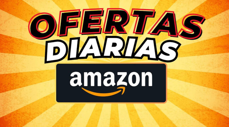 Fondo amarillo con rayas radiales, texto grande "OFERTAS DIARIAS" en rojo y negro, y el logo de Amazon en el centro.
