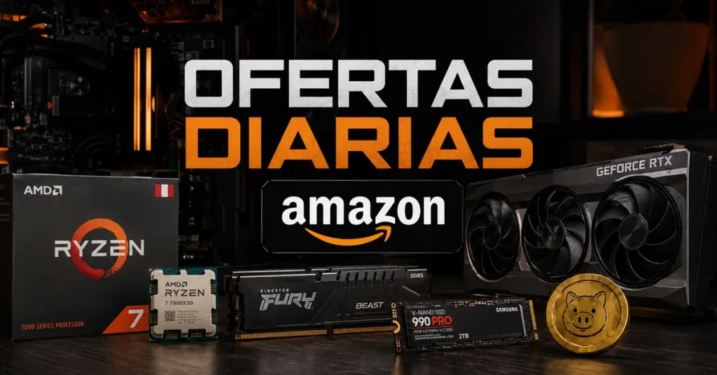Componentes de hardware como procesadores Ryzen, tarjeta gráfica GeForce RTX y módulos de memoria, sobre un fondo oscuro y tecnológico.