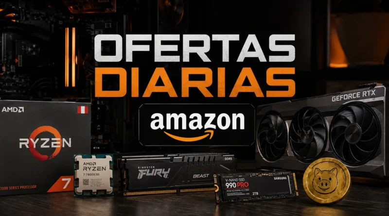Componentes de hardware como procesadores Ryzen, tarjeta gráfica GeForce RTX y módulos de memoria, sobre un fondo oscuro y tecnológico.