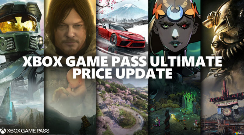 Collage de videojuegos con personajes icónicos, resaltando el texto grande que anuncia la actualización de precio del Game Pass Ultimate.