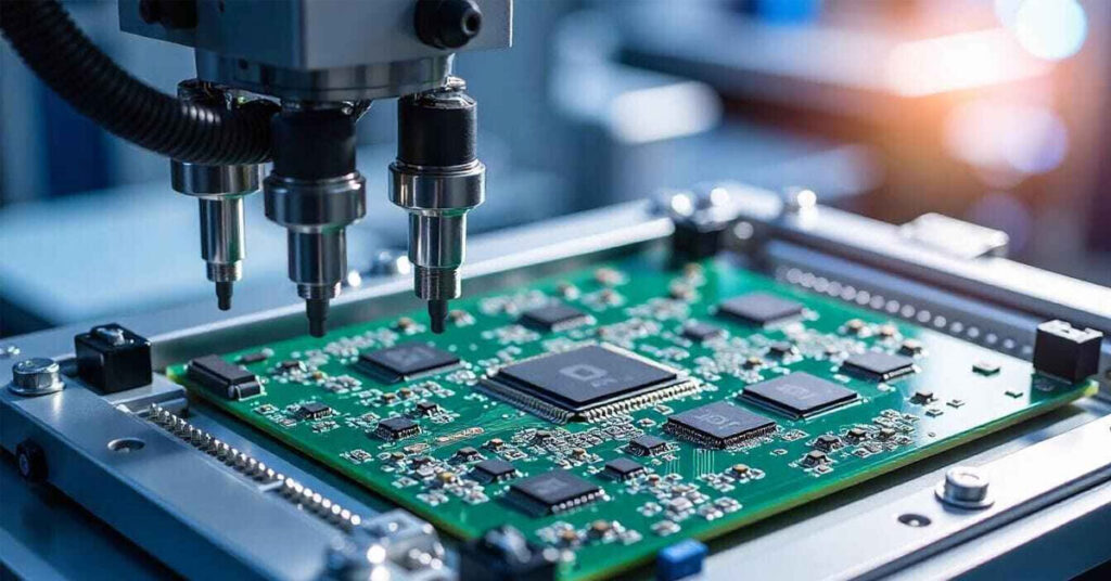 Placa de circuito verde con componentes electrónicos, siendo ensamblada por una máquina con brazos mecánicos en un entorno industrial.