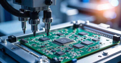 Placa de circuito verde con componentes electrónicos, siendo ensamblada por una máquina con brazos mecánicos en un entorno industrial.