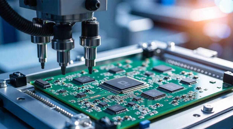 Placa de circuito verde con componentes electrónicos, siendo ensamblada por una máquina con brazos mecánicos en un entorno industrial.