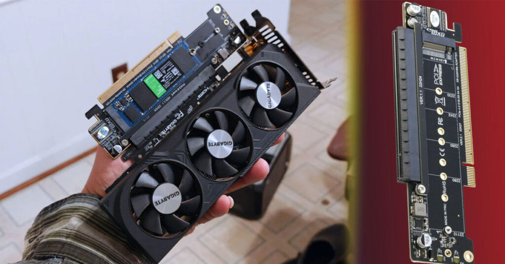 Una mano sostiene un adaptador PCIe que convierte una GPU de perfil bajo en un expansor dual de NVMe, destacando detalles técnicos.
