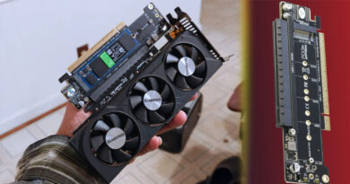 Una mano sostiene un adaptador PCIe que convierte una GPU de perfil bajo en un expansor dual de NVMe, destacando detalles técnicos.