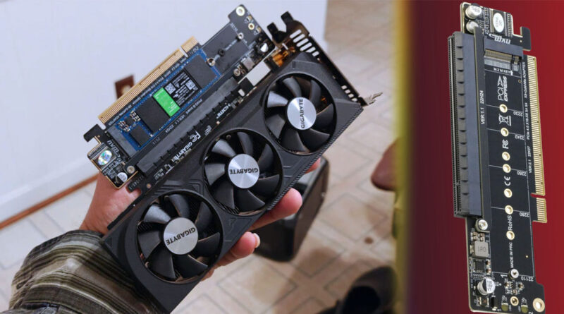 Una mano sostiene un adaptador PCIe que convierte una GPU de perfil bajo en un expansor dual de NVMe, destacando detalles técnicos.