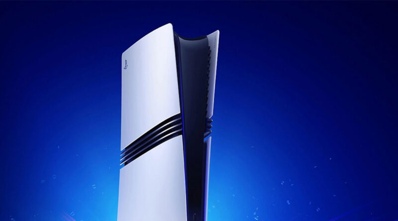 Consola PS5 de color blanco y negro, con diseño futurista y fondo azul brillante, destacando su forma vertical y detalles elegantes.