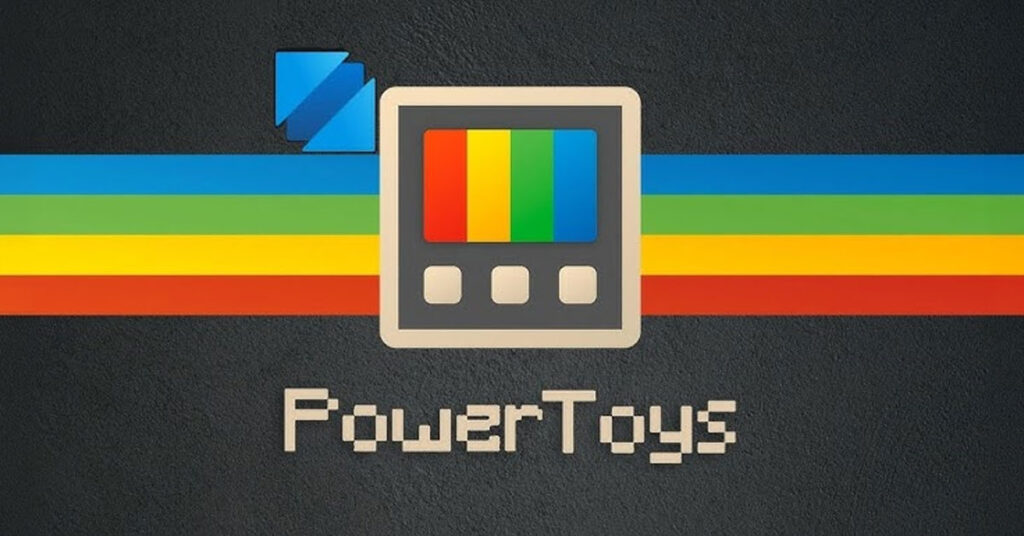 Logo de PowerToys con un diseño retro, incluye un cuadro con barras de colores (rojo, verde, amarillo). Fondo oscuro.