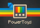 Logo de PowerToys con un diseño retro, incluye un cuadro con barras de colores (rojo, verde, amarillo). Fondo oscuro.