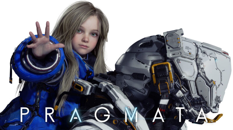 Niña con cabello largo y rubio, vestida con un traje azul, junto a un robot futurista, con un fondo blanco y el texto "PRAGMATA" en la parte inferior.