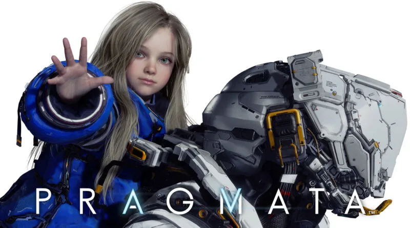 Niña con cabello largo y rubio, vestida con un traje azul, junto a un robot futurista, con un fondo blanco y el texto "PRAGMATA" en la parte inferior.