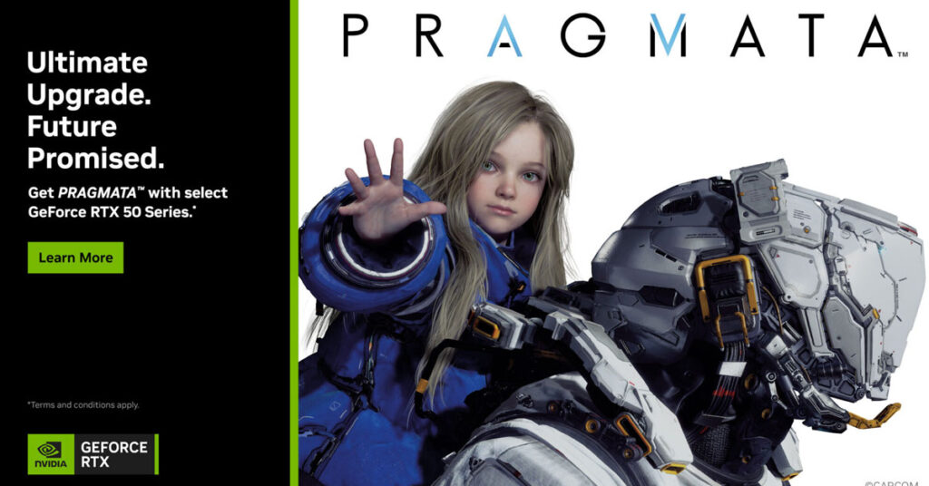 Una joven con cabello largo y una armadura futurista, junto a un robot, en un fondo blanco con el texto "PRAGMATA" a la derecha.