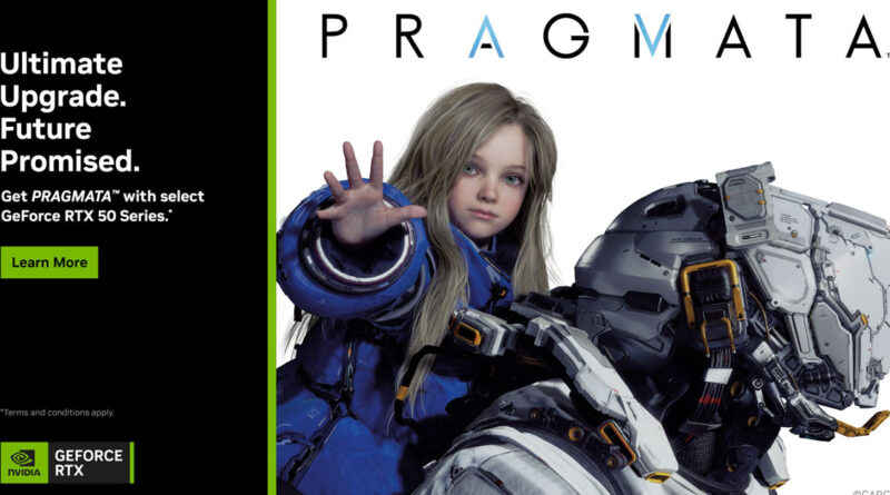 Una joven con cabello largo y una armadura futurista, junto a un robot, en un fondo blanco con el texto "PRAGMATA" a la derecha.