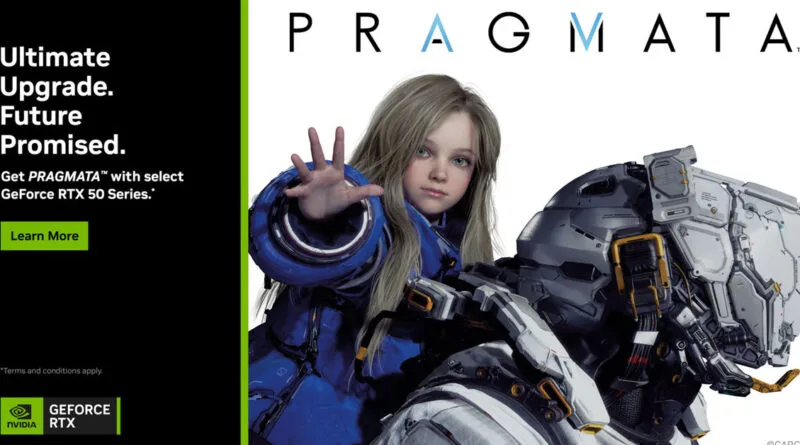 Una joven con cabello largo y una armadura futurista, junto a un robot, en un fondo blanco con el texto "PRAGMATA" a la derecha.