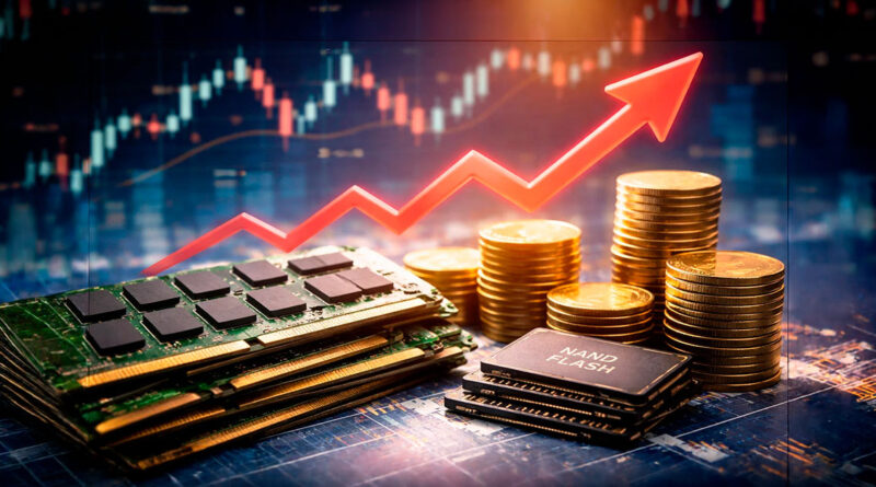 Módulos DRAM apilados y chips NAND Flash junto a pilas de monedas doradas, flecha roja ascendente y gráficos bursátiles desenfocados.