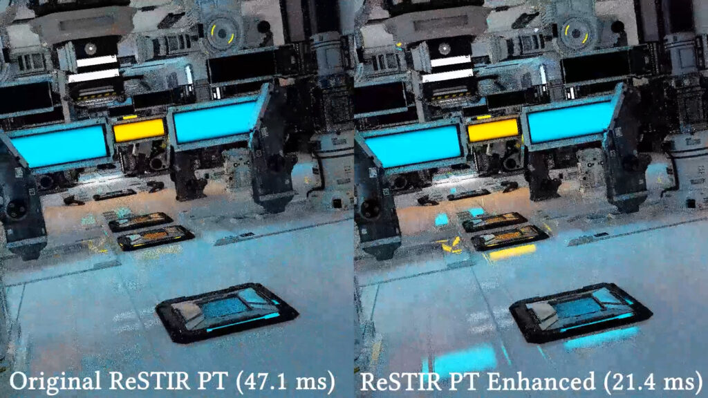 Comparativa de dos imágenes de ReSTIR PT: a la izquierda, original (47.1 ms); a la derecha, mejorado (21.4 ms). Se destacan colores azul y amarillo.