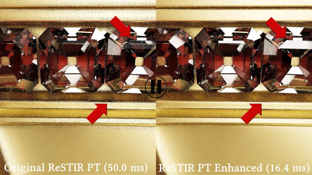 Comparativa entre dos imágenes de un diseño de joyería, mostrando la diferencia de calidad entre ReSTIR PT original y mejorado con tiempos de renderizado.