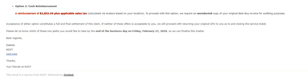 Correo electrónico con un fondo blanco que detalla un reembolso de $4,595.95, con un texto claro y un formato de lista.