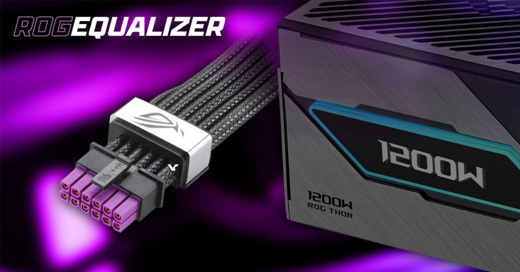 Conector de cable 12V-2×6 con diseño negro y púrpura, junto a fuentes de poder ROG Thor de 1200W en un fondo violeta.