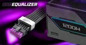 Conector de cable 12V-2×6 con diseño negro y púrpura, junto a fuentes de poder ROG Thor de 1200W en un fondo violeta.
