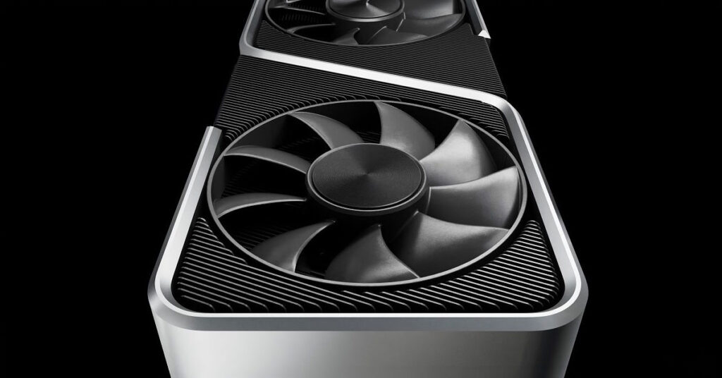 Tarjeta gráfica moderna con diseño elegante, destacando dos ventiladores negros sobre un fondo oscuro, resaltando su estructura y acabado.