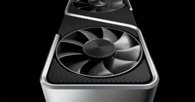 Tarjeta gráfica moderna con diseño elegante, destacando dos ventiladores negros sobre un fondo oscuro, resaltando su estructura y acabado.