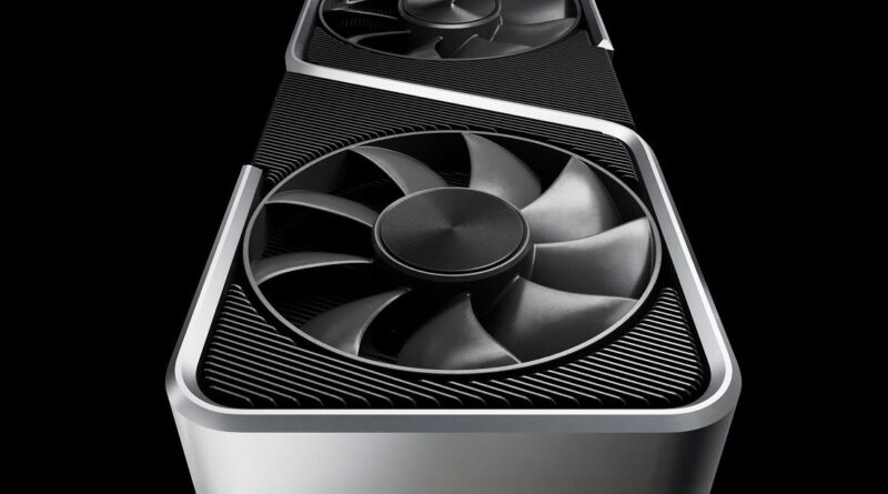 Tarjeta gráfica moderna con diseño elegante, destacando dos ventiladores negros sobre un fondo oscuro, resaltando su estructura y acabado.