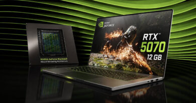 Laptop con la GPU GeForce RTX 5070 en pantalla, mostrando un gráfico vibrante, junto a un chip NVIDIA en fondo verde y negro.