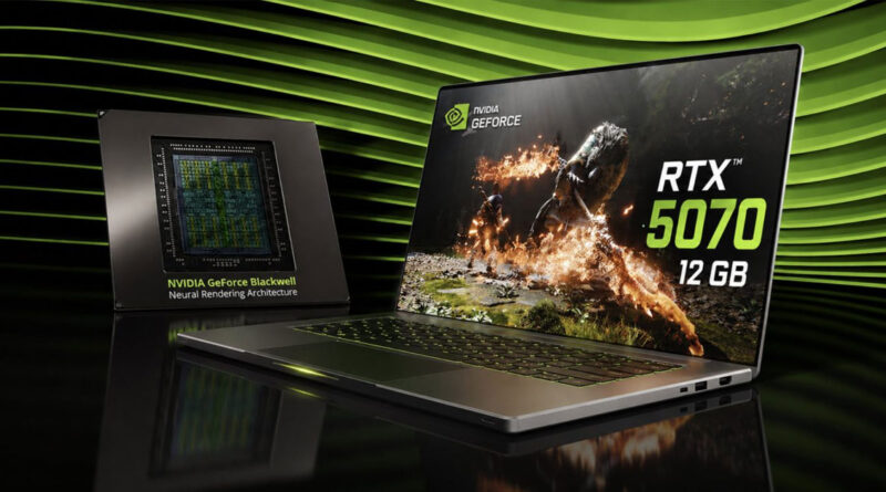 Laptop con la GPU GeForce RTX 5070 en pantalla, mostrando un gráfico vibrante, junto a un chip NVIDIA en fondo verde y negro.
