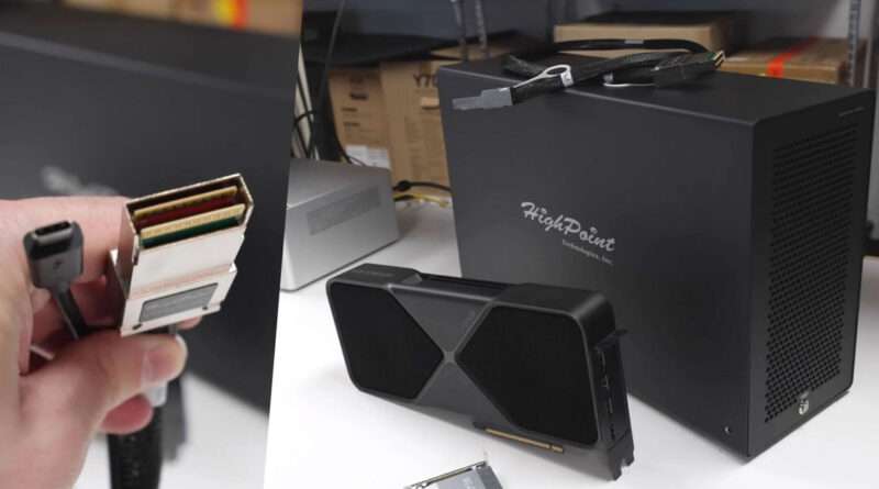 Conector PCIe en mano junto a un eGPU HighPoint negro, mostrando su diseño y puertos, sobre un fondo de almacenamiento.