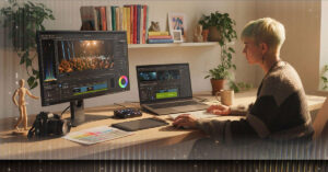 Persona con cabello corto y claro trabajando en un escritorio, editando un video en dos pantallas, rodeada de plantas y libros.