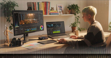 Persona con cabello corto y claro trabajando en un escritorio, editando un video en dos pantallas, rodeada de plantas y libros.