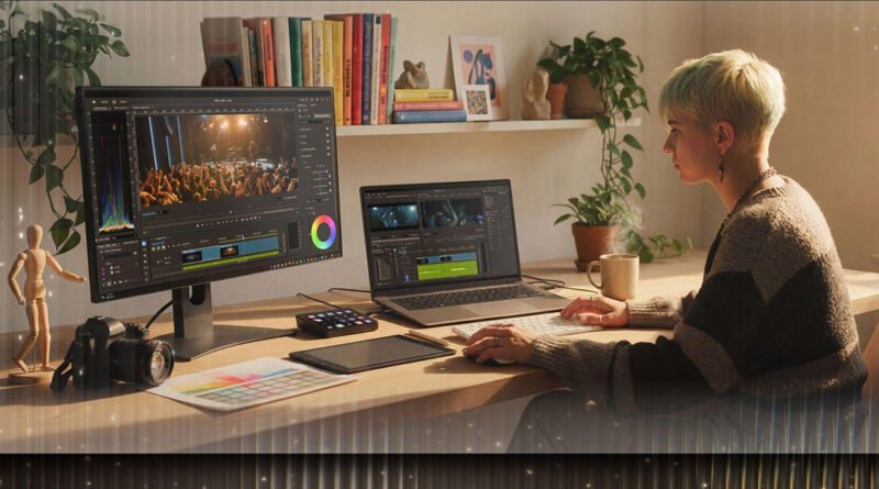 Persona con cabello corto y claro trabajando en un escritorio, editando un video en dos pantallas, rodeada de plantas y libros.