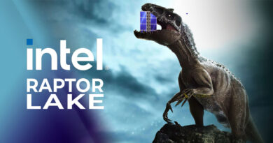 Dinosaure con un chip en la boca, junto al logo de Intel y el texto "Raptor Lake", sobre un fondo oscuro y nublado.