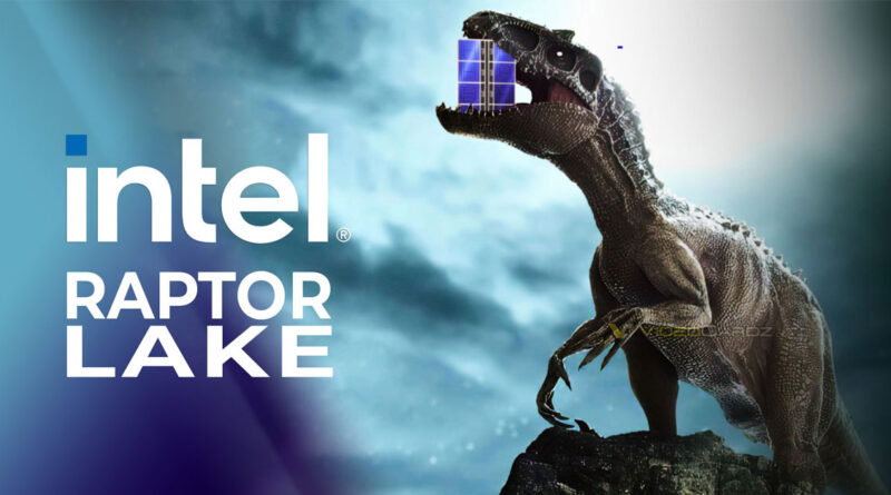 Dinosaure con un chip en la boca, junto al logo de Intel y el texto "Raptor Lake", sobre un fondo oscuro y nublado.