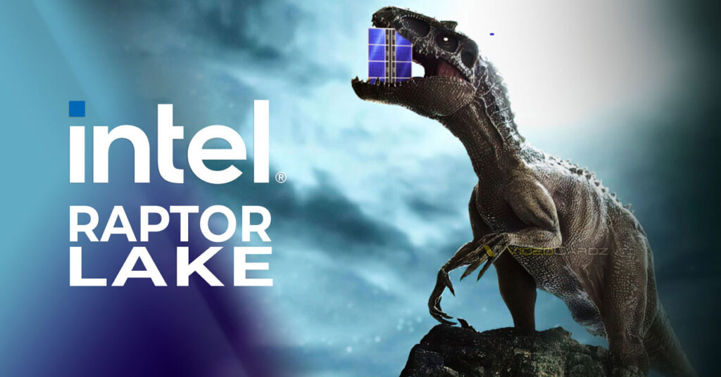 Un dinosaurio sostiene un bloque azul, con el logo de Intel y la frase "Raptor Lake" a la izquierda, sobre un fondo oscuro y difuso.