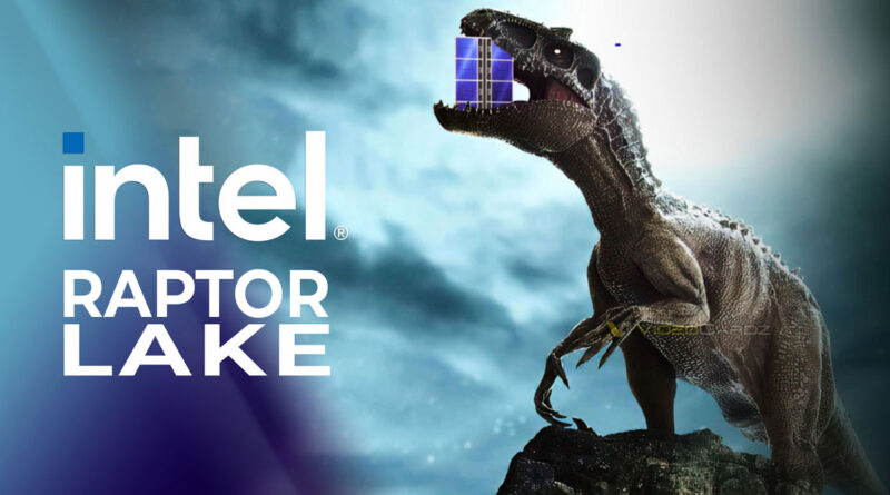 Un dinosaurio sostiene un bloque azul, con el logo de Intel y la frase "Raptor Lake" a la izquierda, sobre un fondo oscuro y difuso.