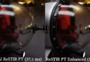 Comparativa de dos renderizados de ReSTIR Path Tracing, original a la izquierda (37.1 ms) y mejorado a la derecha (12.6 ms), con detalles de reflexión.