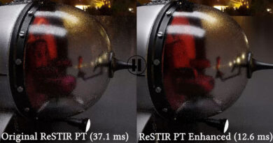 Comparativa de dos renderizados de ReSTIR Path Tracing, original a la izquierda (37.1 ms) y mejorado a la derecha (12.6 ms), con detalles de reflexión.