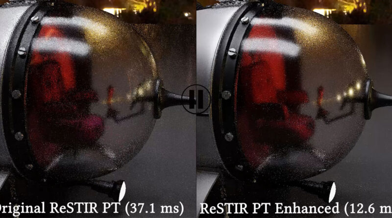 Comparativa de dos renderizados de ReSTIR Path Tracing, original a la izquierda (37.1 ms) y mejorado a la derecha (12.6 ms), con detalles de reflexión.