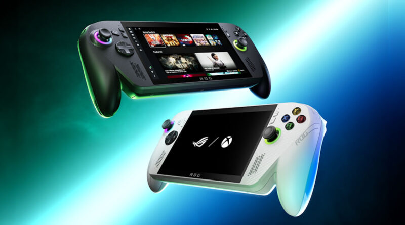 Dos dispositivos portátiles de juego en negro y blanco, destacando pantallas y botones coloridos, sobre un fondo de luces brillantes.