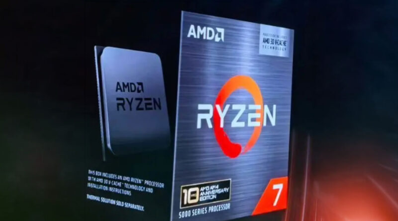 Caja de procesador AMD Ryzen 7 5800X3D Edición Aniversario, con colores oscuros y detalles en naranja y plata, presenta el logotipo de AMD.