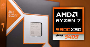 Caja del procesador AMD Ryzen 7 9800X3D con colores naranja y negro, mostrando el precio de $409 en un recuadro destacado.