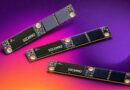 Tres módulos de memoria SOCAMM2 de 192 GB sobre un fondo degradado morado y naranja, mostrando sus circuitos y etiquetado.